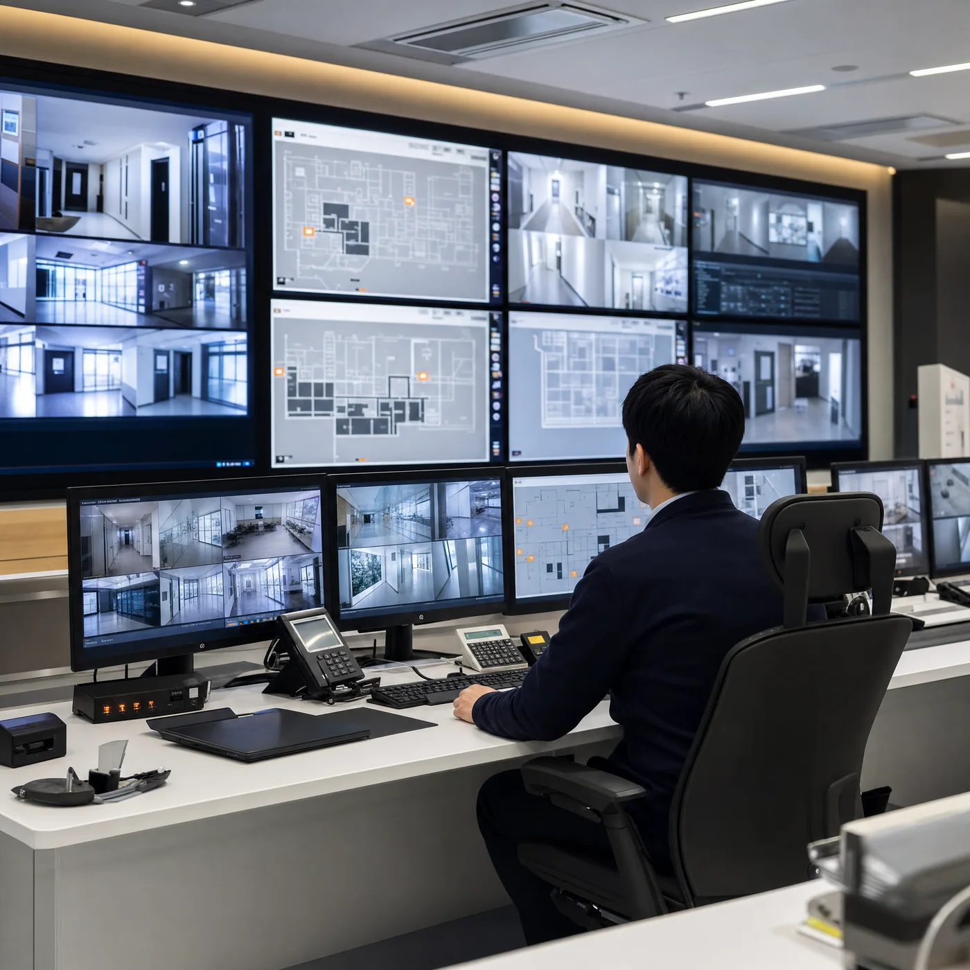 CCTV 관제실에서 여러 화면을 확인하는 한국인 운영자